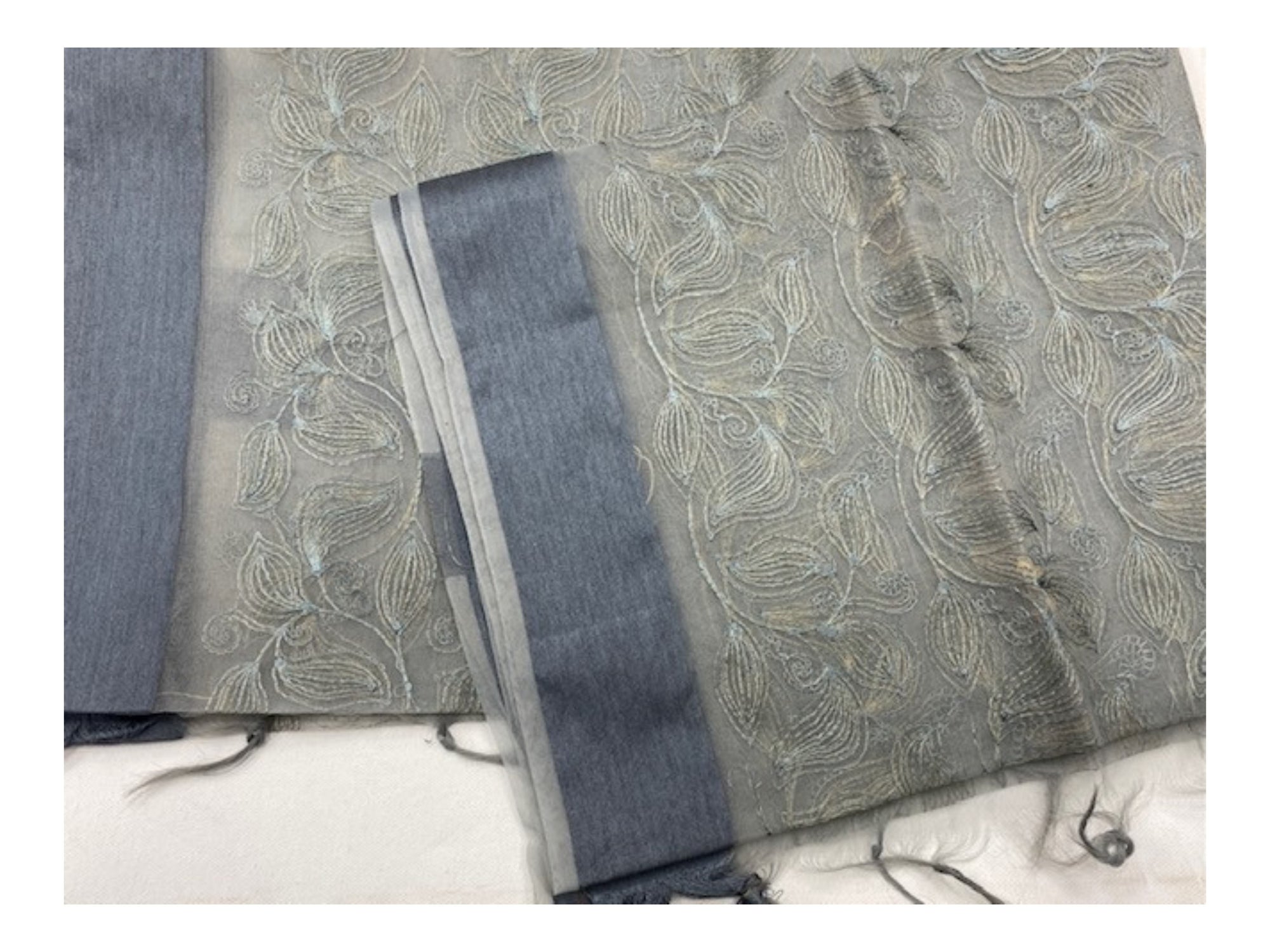 Grey Embroidered Organza Scarf/Shoulder Wraps With Tassel Finish (SECONDS)