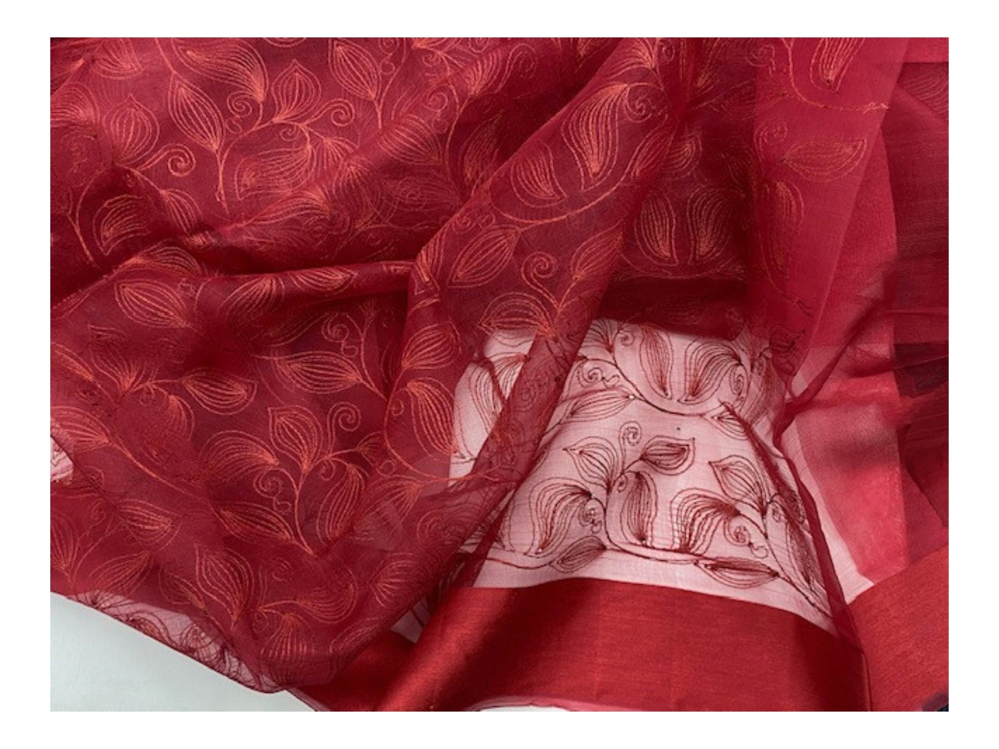 Red Embroidered Organza Scarf/Shoulder Wraps With Tassel Finish (SECONDS)