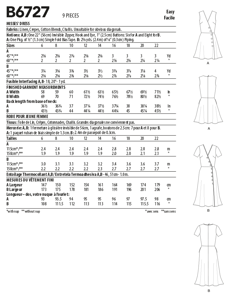 B6727 Butterick Sewing Pattern Misses' Dresses - Cheap Fabrics