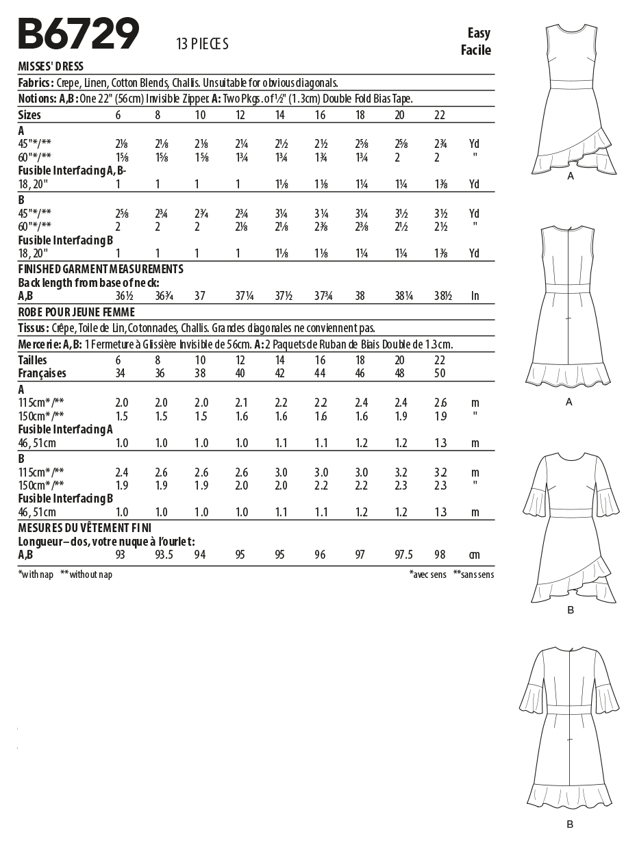 B6729 Butterick Sewing Pattern Misses' Dresses - Cheap Fabrics