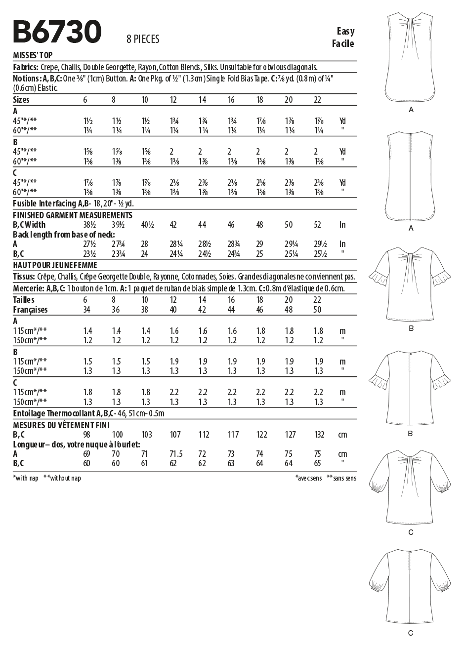 B6730 Butterick Sewing Pattern Misses' Top - Cheap Fabrics