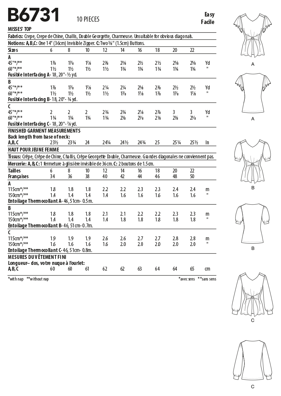 B6731 Butterick Sewing Pattern Misses' Top - Cheap Fabrics