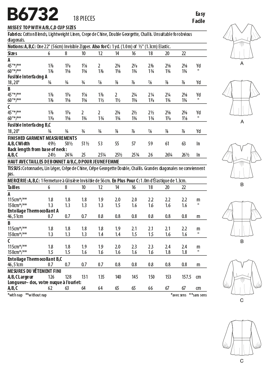 B6732 Butterick Sewing Pattern Misses' Top - Cheap Fabrics