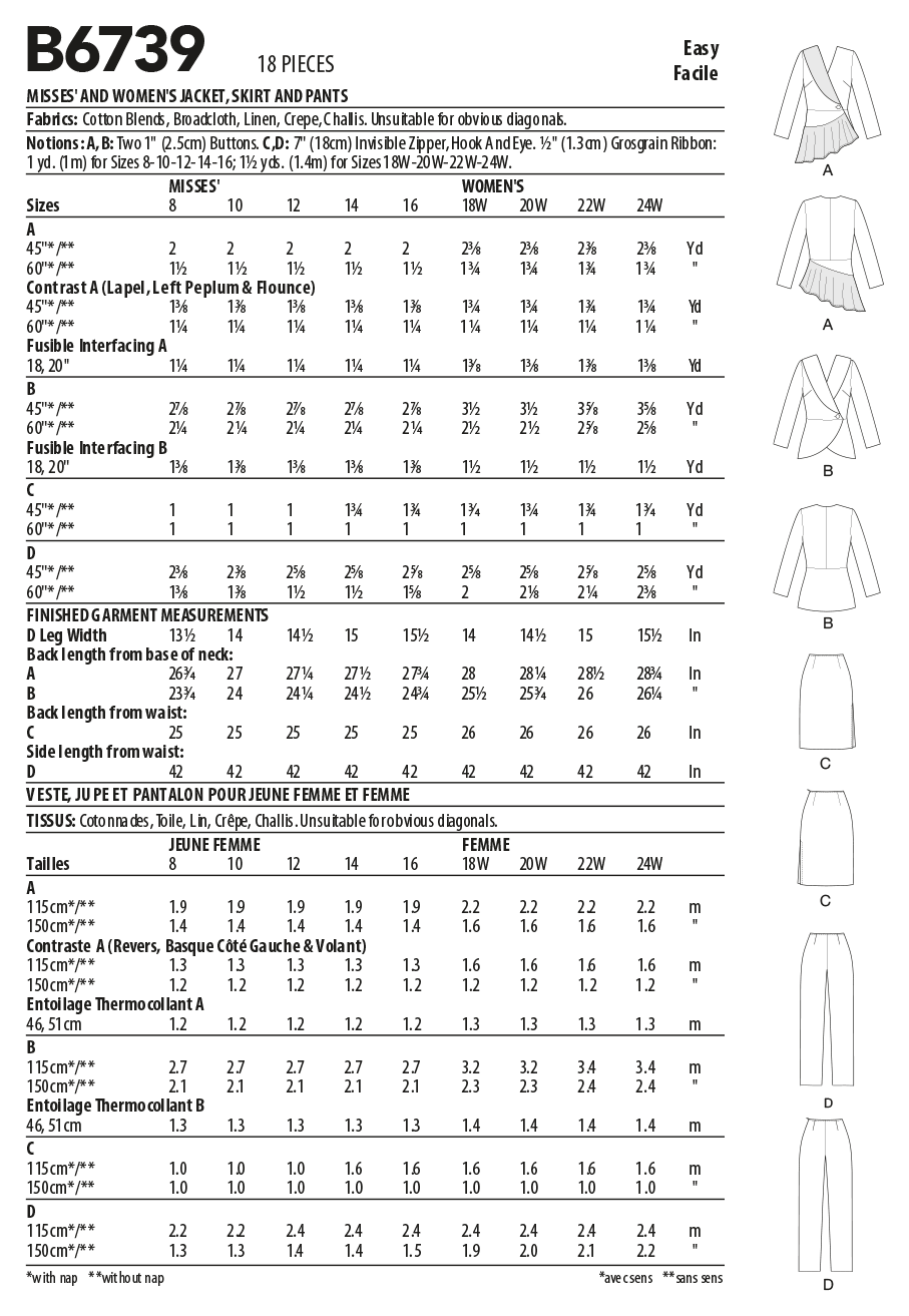 B6739 Butterick Sewing Pattern Misses' Jacket, Dress, Top, Skirt & Pants - Cheap Fabrics