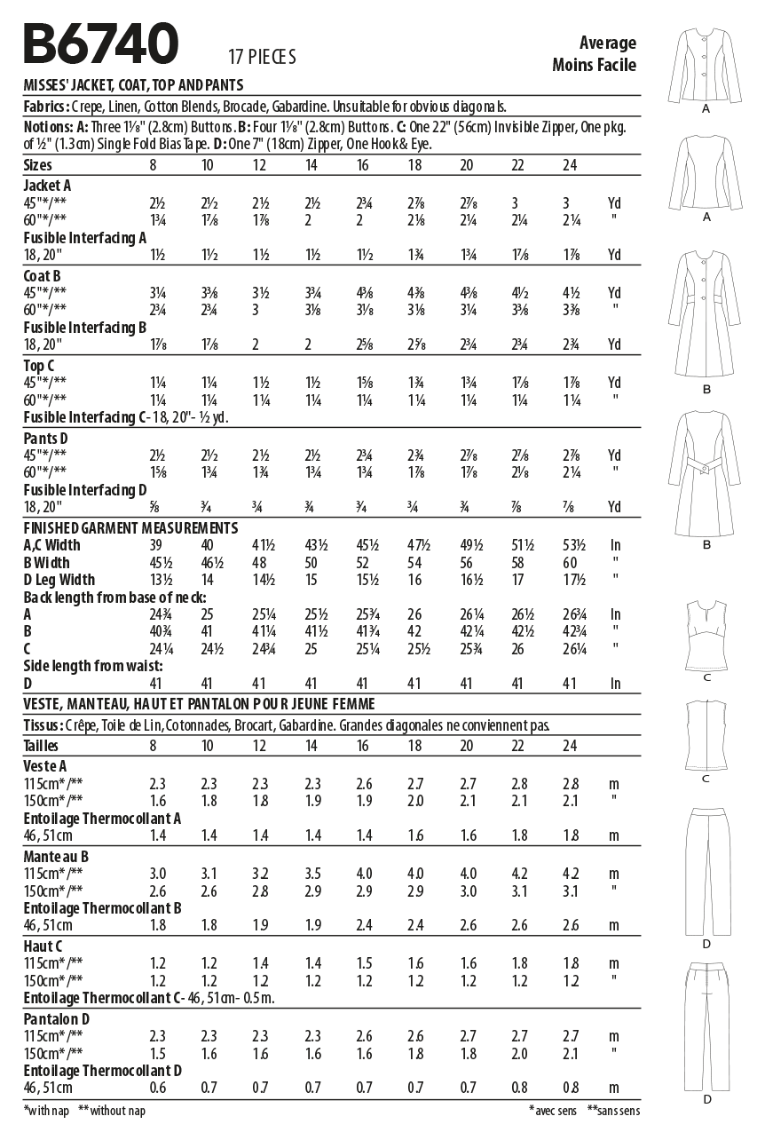 B6740 Butterick Sewing Pattern Misses' Jacket, Coat, Top & Pants - Cheap Fabrics