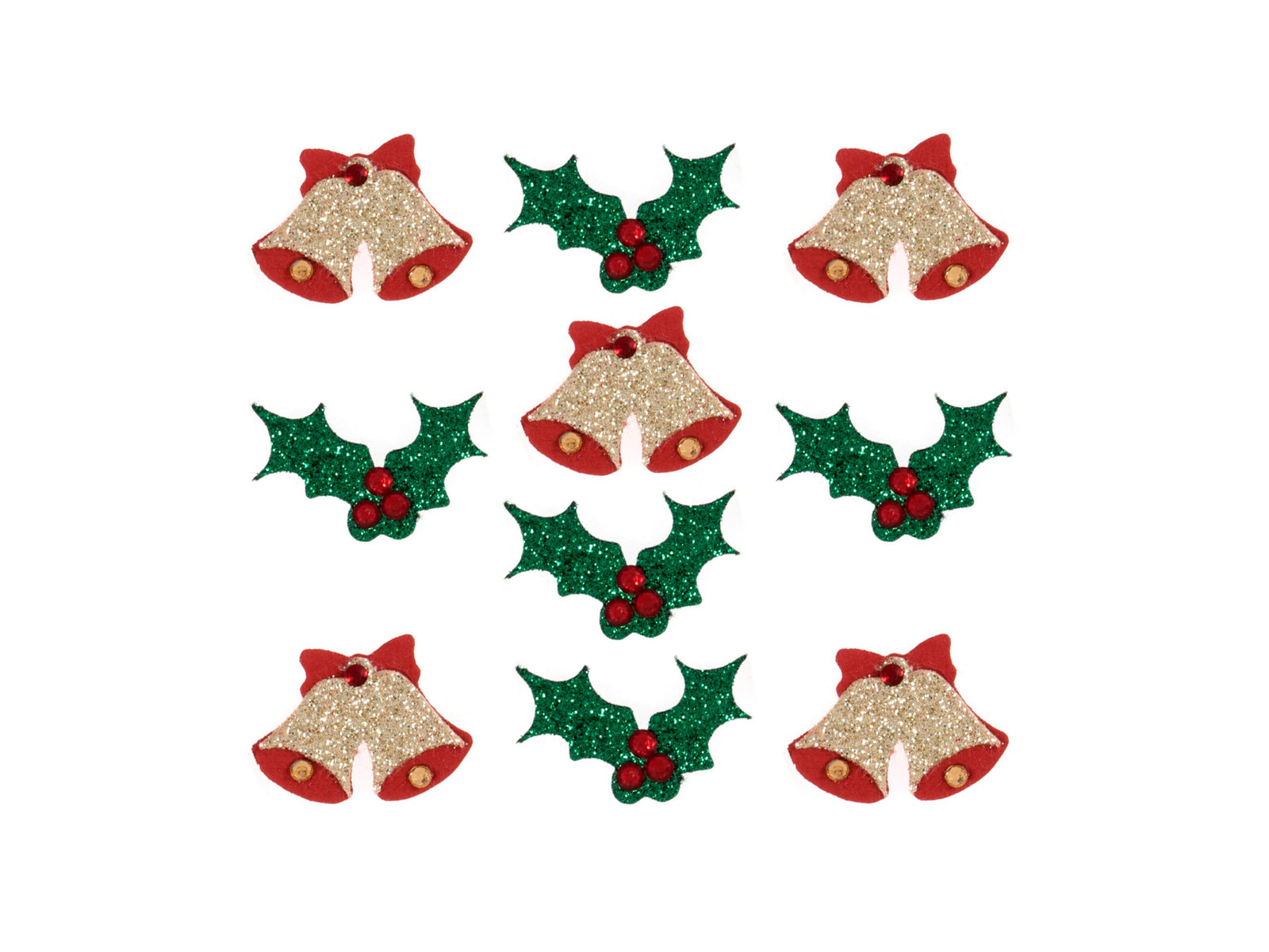Christmas Craft Glittered Embellishments - Stick On Motifs BELLS & HOLLY - Cheap Fabrics