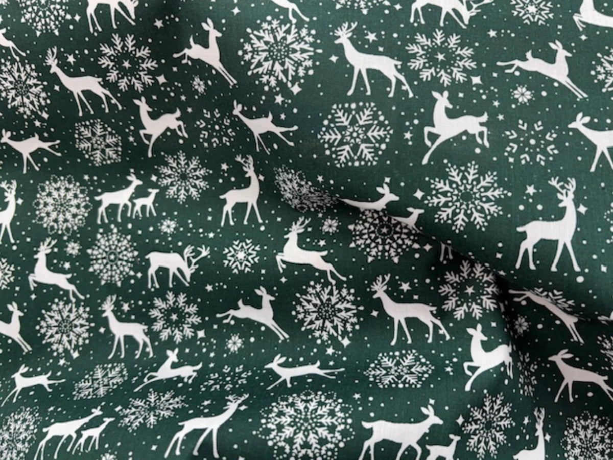 Christmas Reindeers And Snowflakes  - Poly/Cotton Print