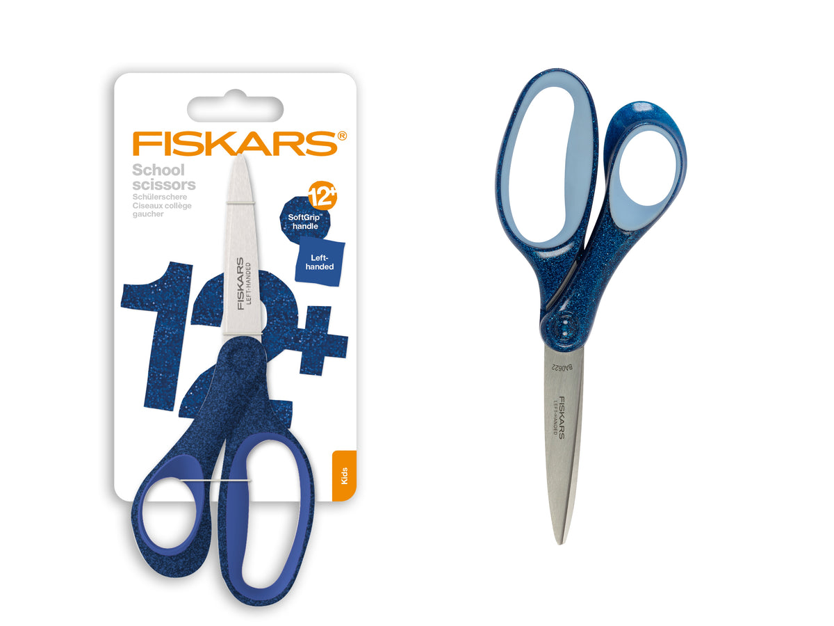 Fiskars glitter blue 18cm left-handed school scissors with ergonomic handles for precise cutting.