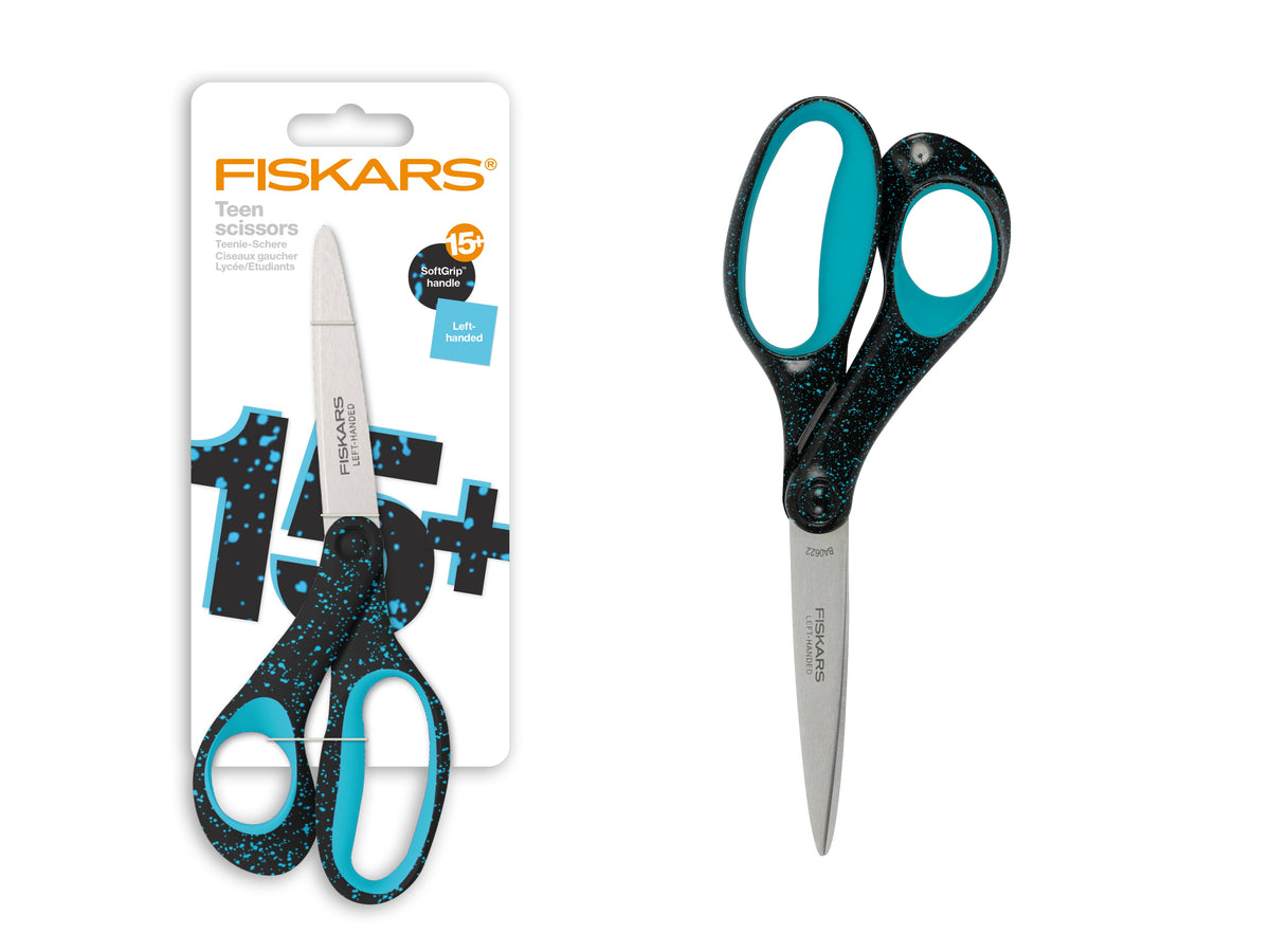 Fiskars teen left-handed scissors with speckled jade handles, 20cm length, designed for precise cutting.