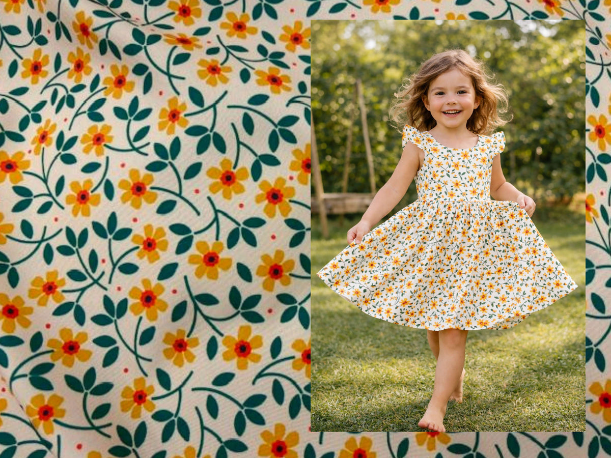Illustration of Floral Breeze printed peachskin crepe fabric by Cheap Fabrics showcasing a floral pattern on lightweight, smooth material.
