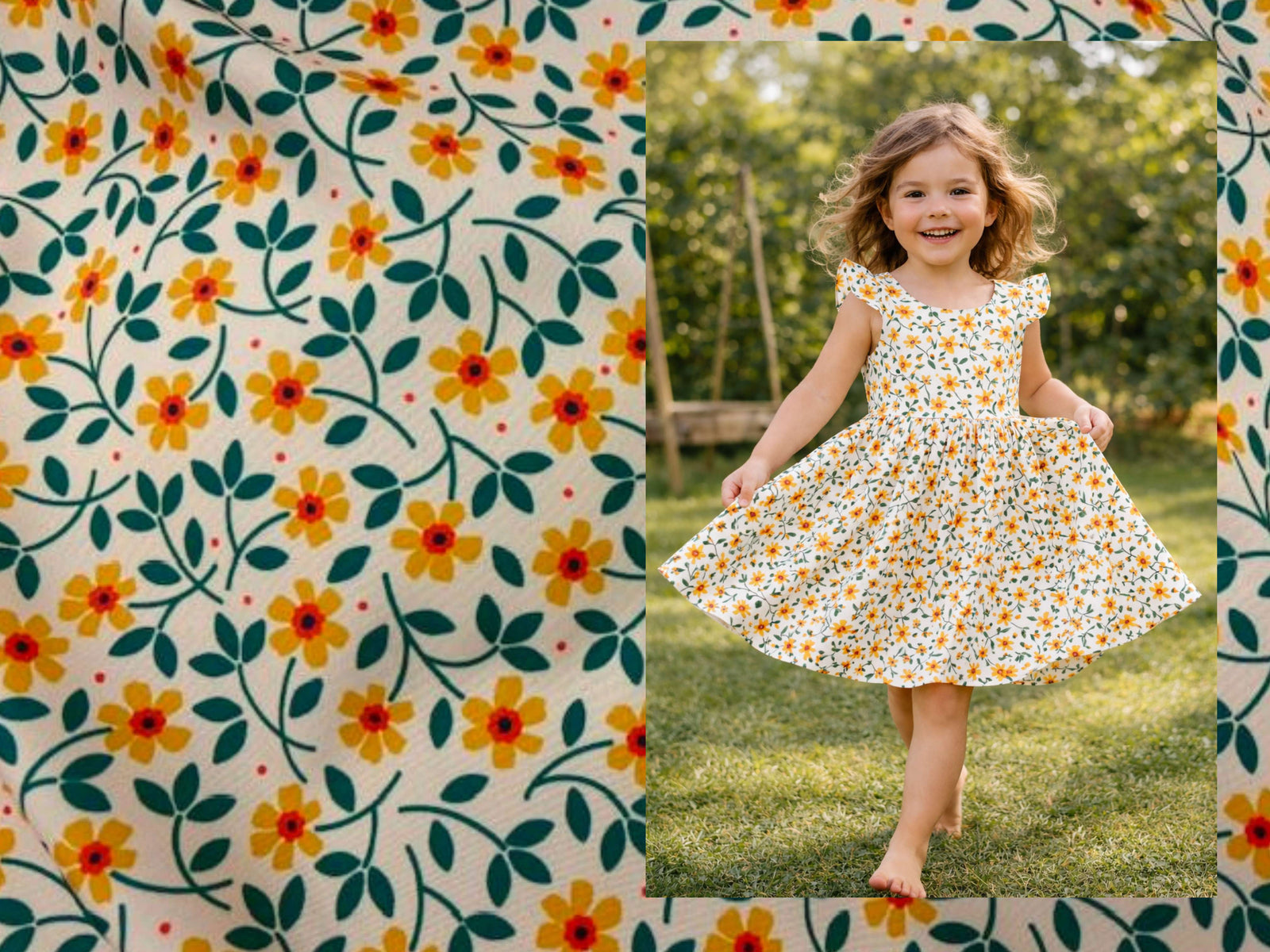 Illustration of Floral Breeze printed peachskin crepe fabric by Cheap Fabrics showcasing a floral pattern on lightweight, smooth material.