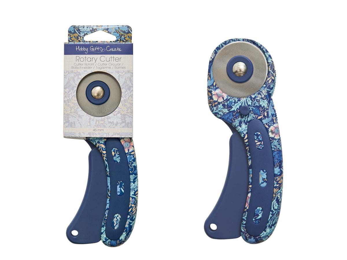 Hobby Gift 45mm rotary cutter with floral pattern handle, designed for fabric and craft cutting, shown in close-up.