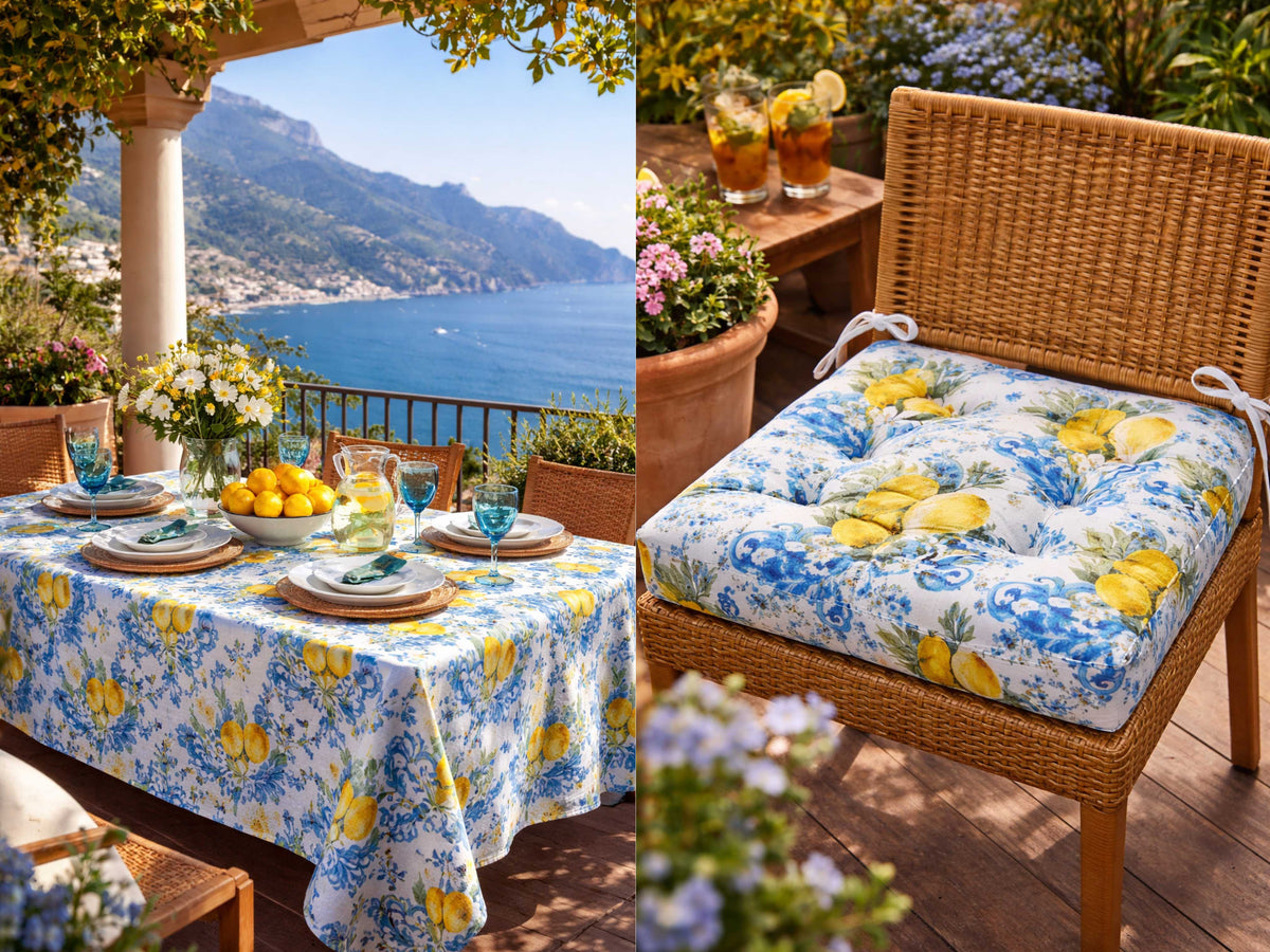 Yellow and blue Mediterranean lemon print linen fabric by Cheap Fabrics, showcasing a vibrant citrus pattern on lightweight textile.