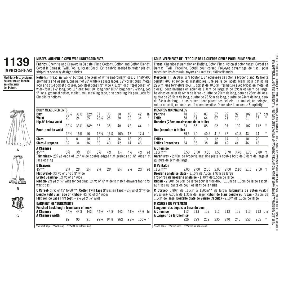 S1139 Simplicity Sewing Pattern Misses&#39; Civil War Undergarments