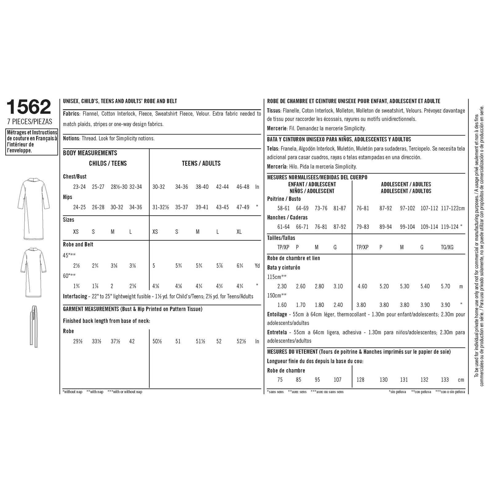 S1562 Simplicity Sewing Pattern Child's, Teens' & Adults' Robe and Belt - Cheap Fabrics