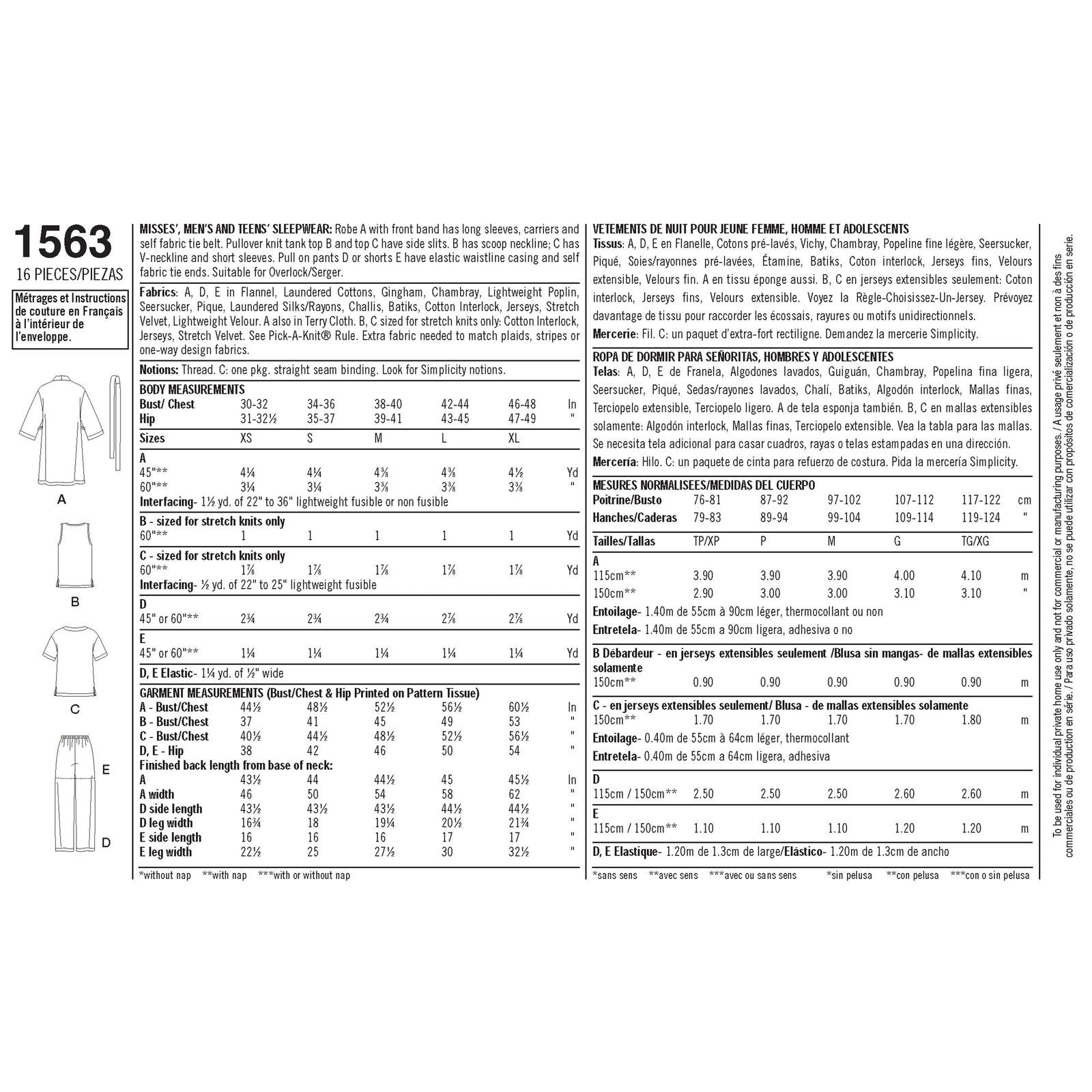 S1563 Simplicity Sewing Pattern Misses', Men's & Teens' Lounge Wear - Cheap Fabrics