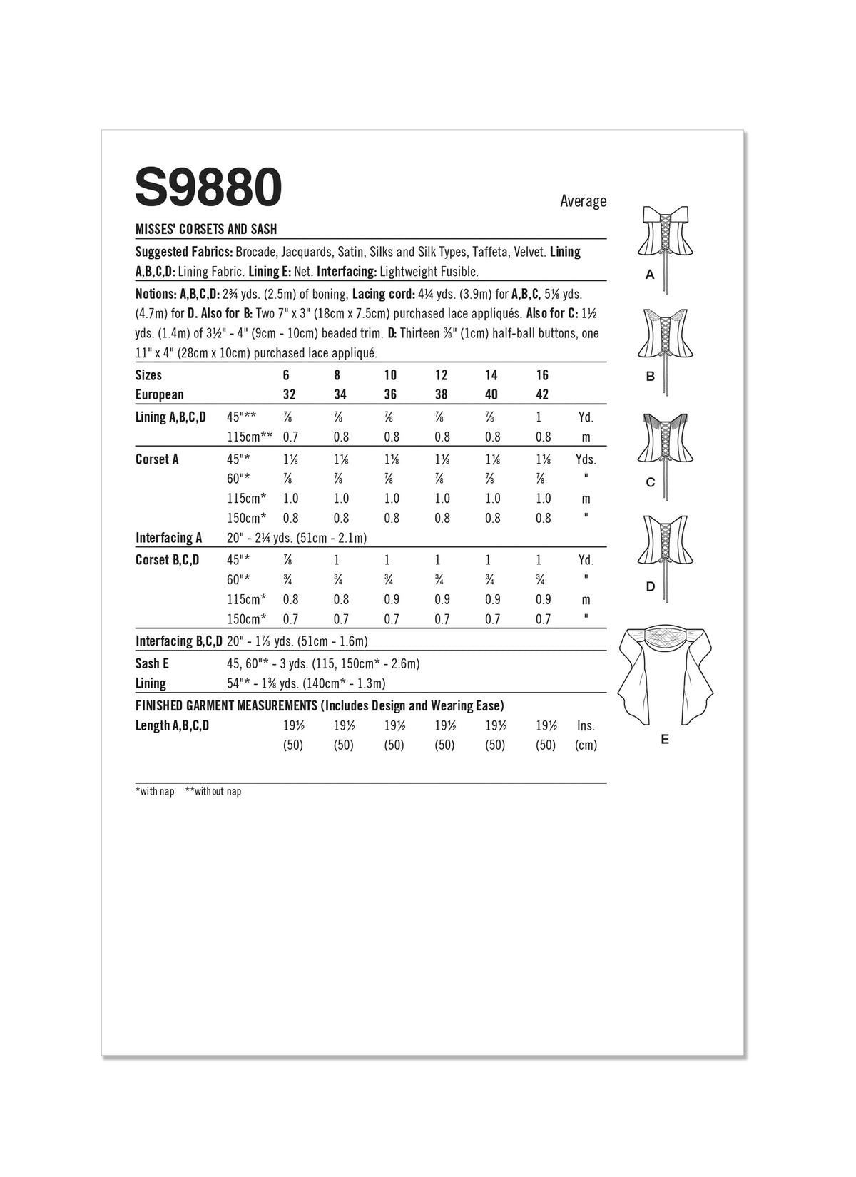 S9880 Simplicity Sewing Pattern Misses&#39; Corsets and Sash - COSTUMES