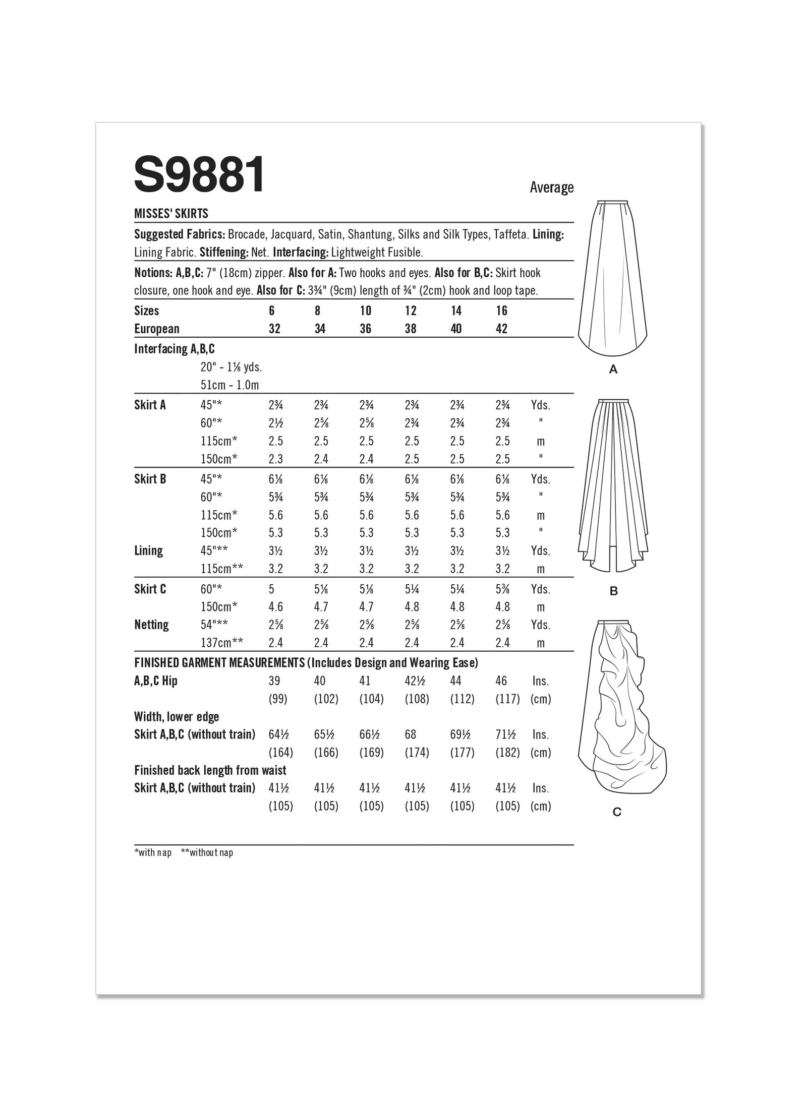S9881 Simplicity Sewing Pattern Misses' Skirts - COSTUMES - Cheap Fabrics