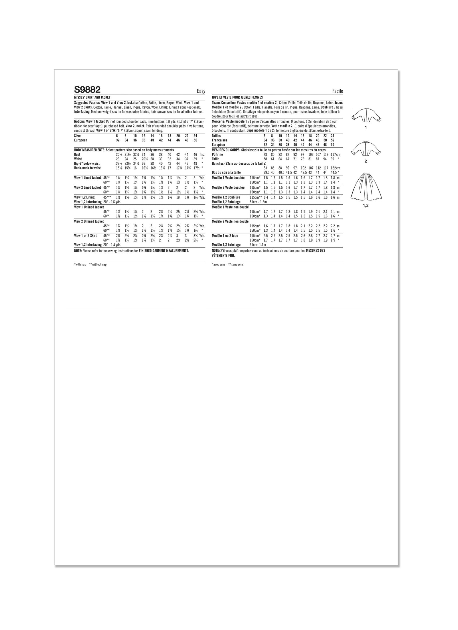 S9882 Simplicity Sewing Pattern 1950s Misses' Skirt and Jacket - Cheap Fabrics