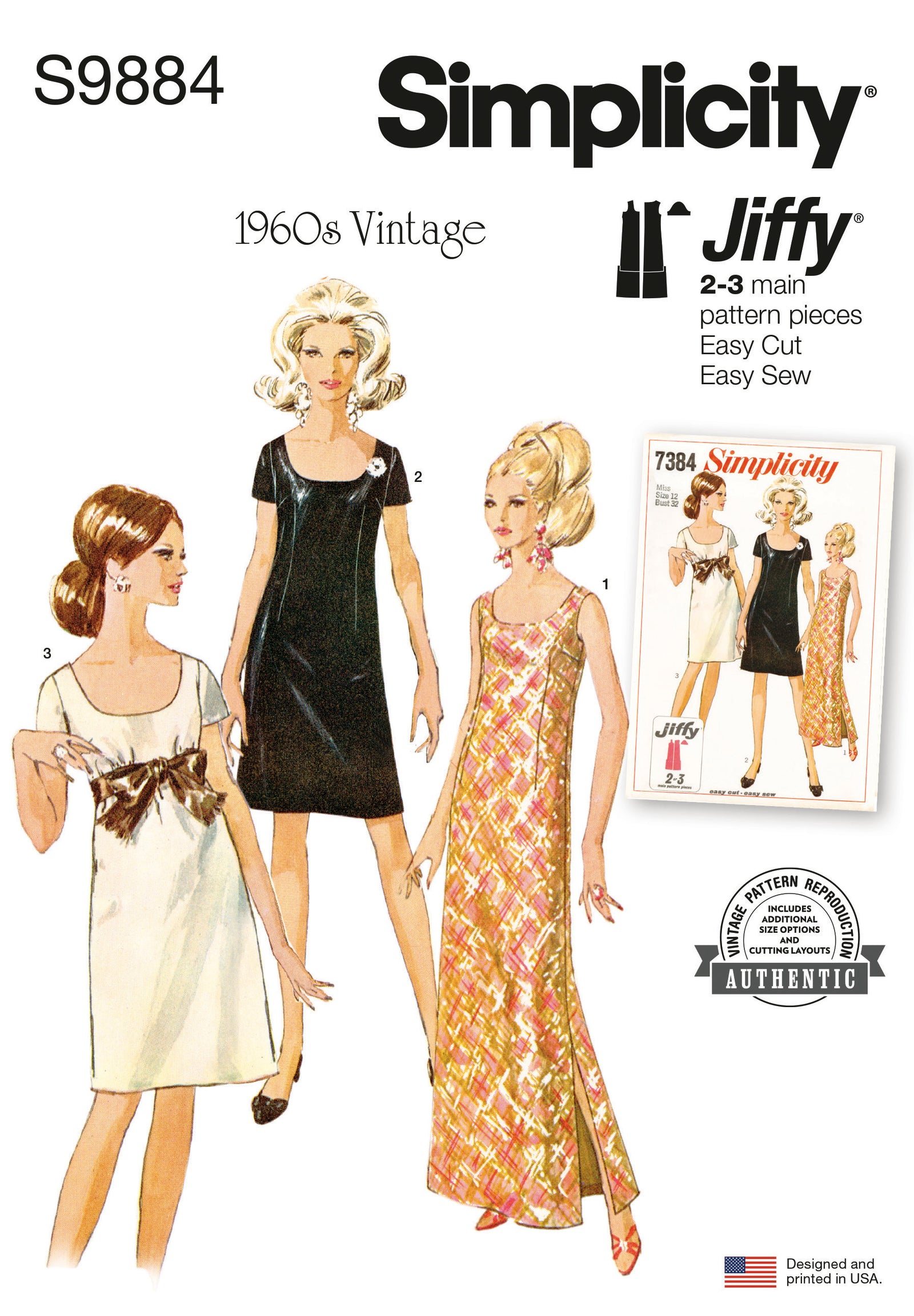 S9884 Simplicity Sewing Pattern 1960s Misses' Dress in Two Lengths - Cheap Fabrics