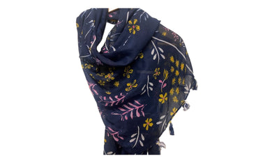 Navy Floral - Printed Poly Cotton Blend Scarf - (PRINT DEFECT)