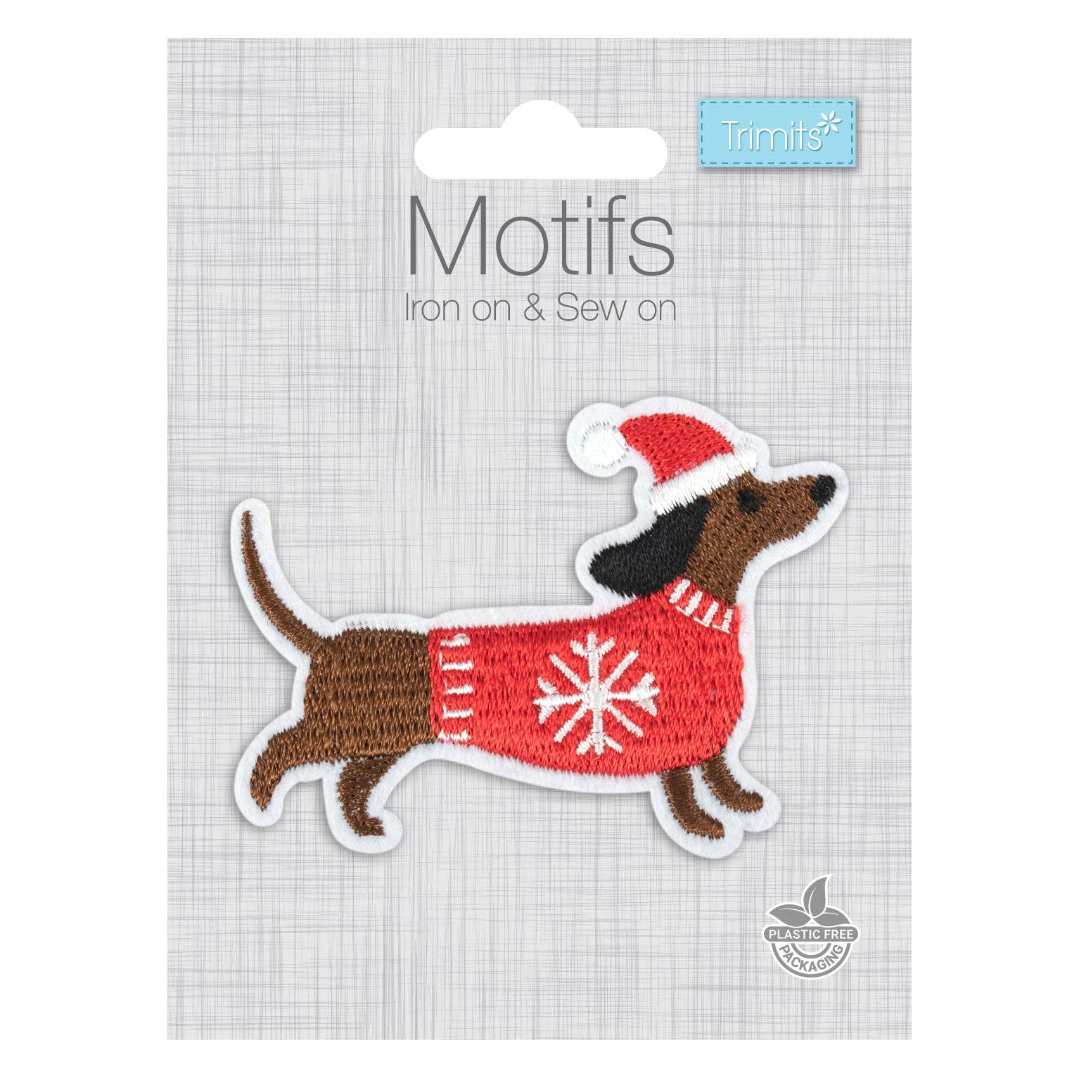 Christmas Motifs - Iron -On & Sew-On Patch FESTIVE DACHSHUND DOG - Cheap Fabrics