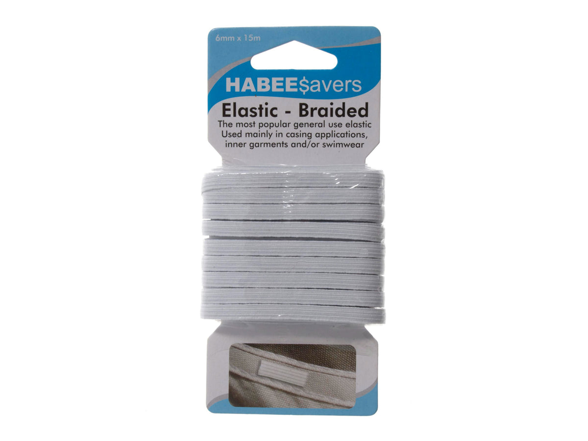 Braided Elastic: 6mm x 15m: White - HABEESAVERS - Cheap Fabrics
