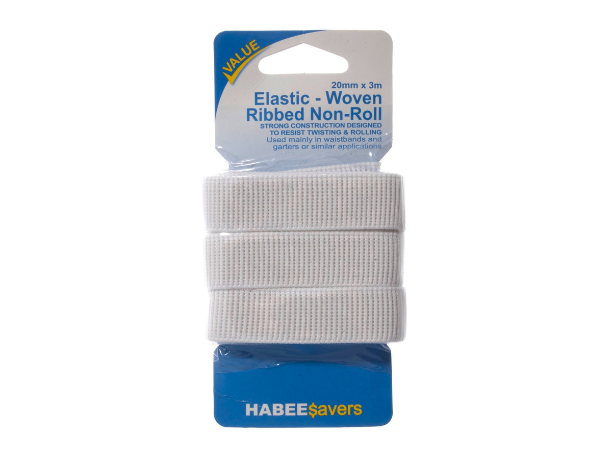 Woven Ribbed Elastic: Non-Roll: 20mm x 3m: White - HABEESAVERS - Cheap Fabrics