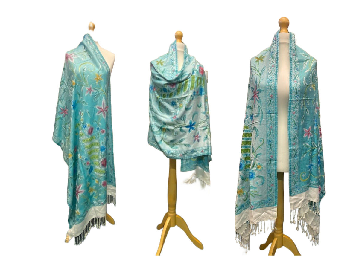 Aqua Shaded Floral Shawl With Stonework - Cheap Fabrics