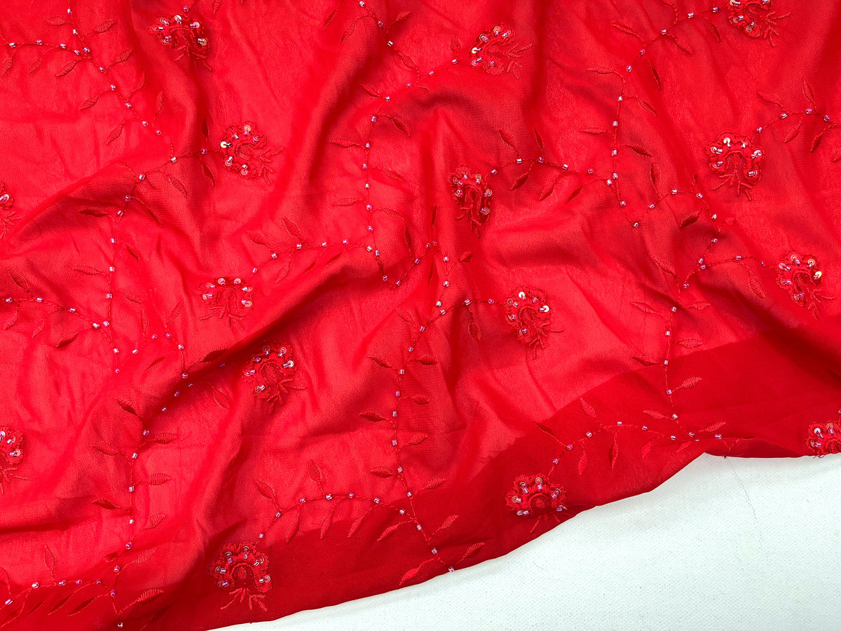 Red Embroidered Georgette Fabric