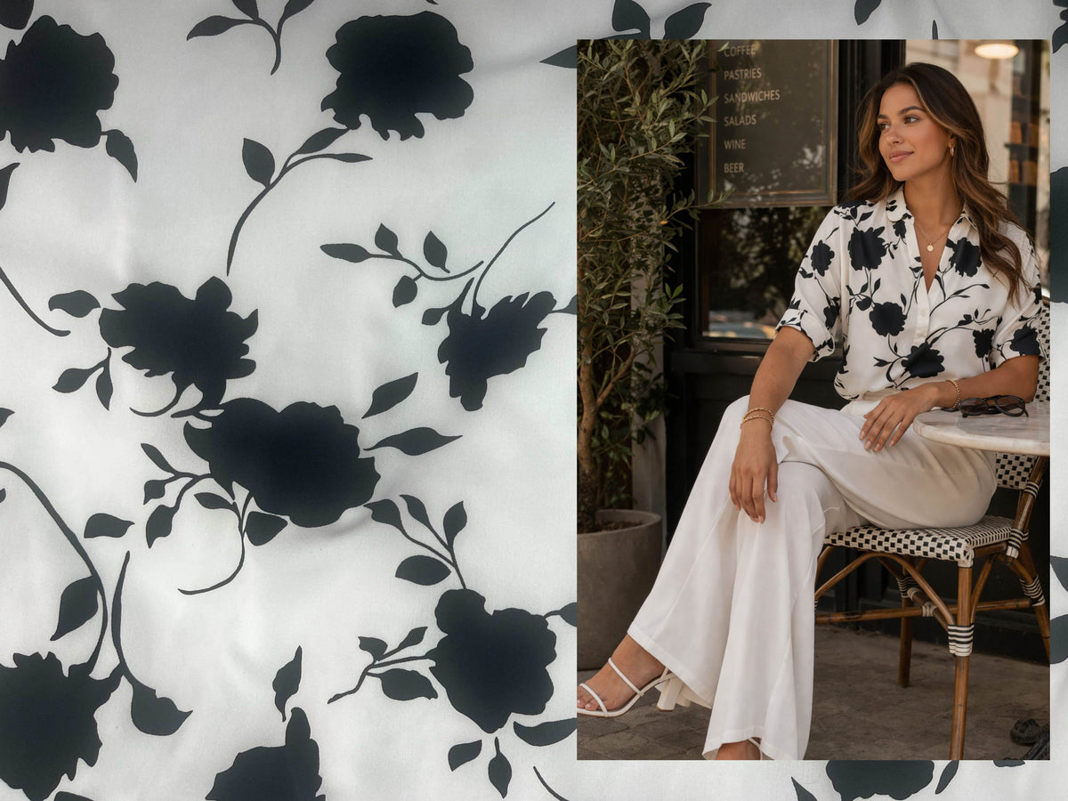 Black Ivory Floral printed crepe fabric from Cheap Fabrics, featuring a detailed floral pattern on smooth crepe material.