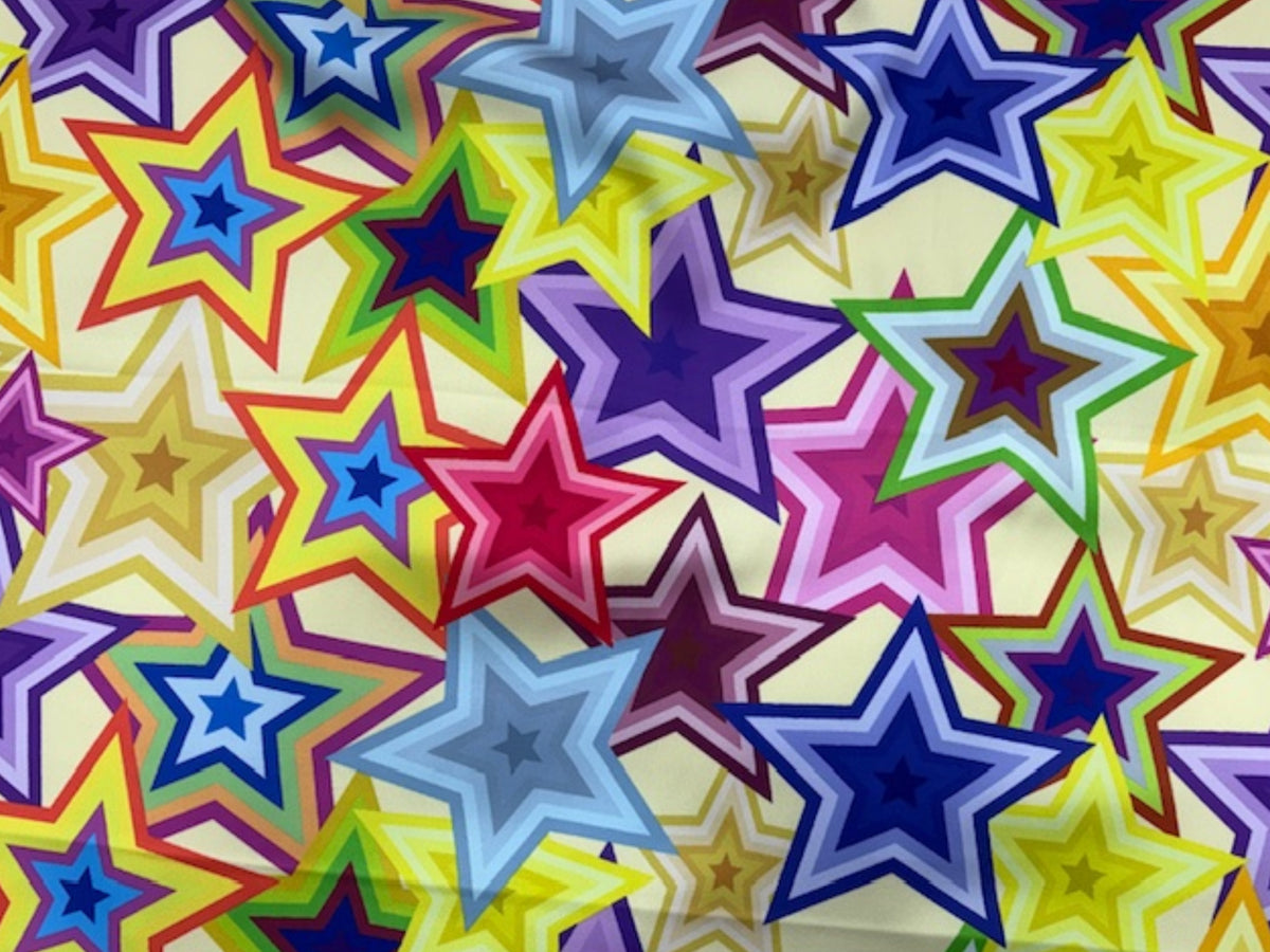 Bright yellow Luxe Satin fabric with bold retro star pattern, showcasing smooth satin texture and vibrant design.