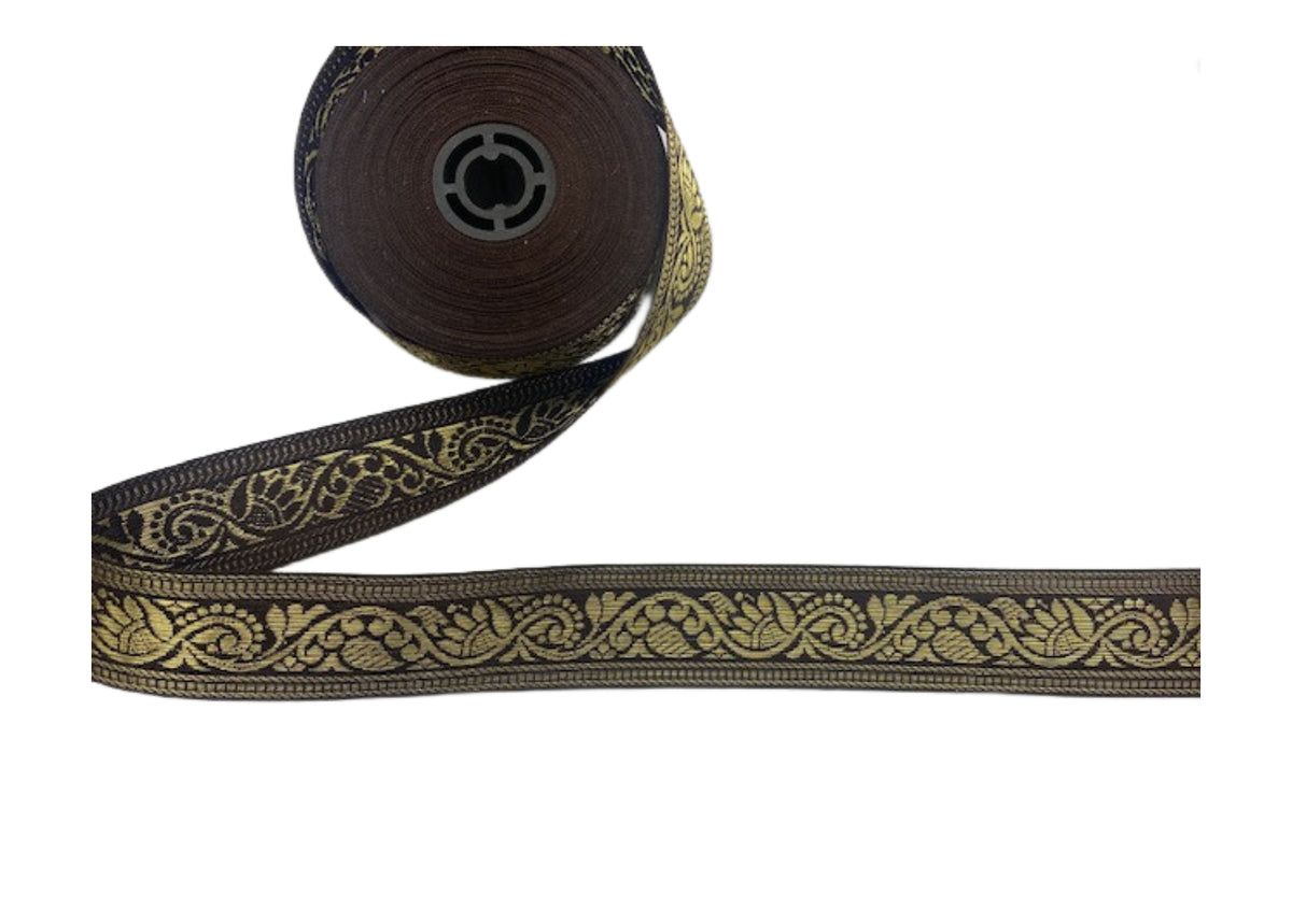 Metallic Woven 35mm Wide Ribbon Trim - Brown Swirl