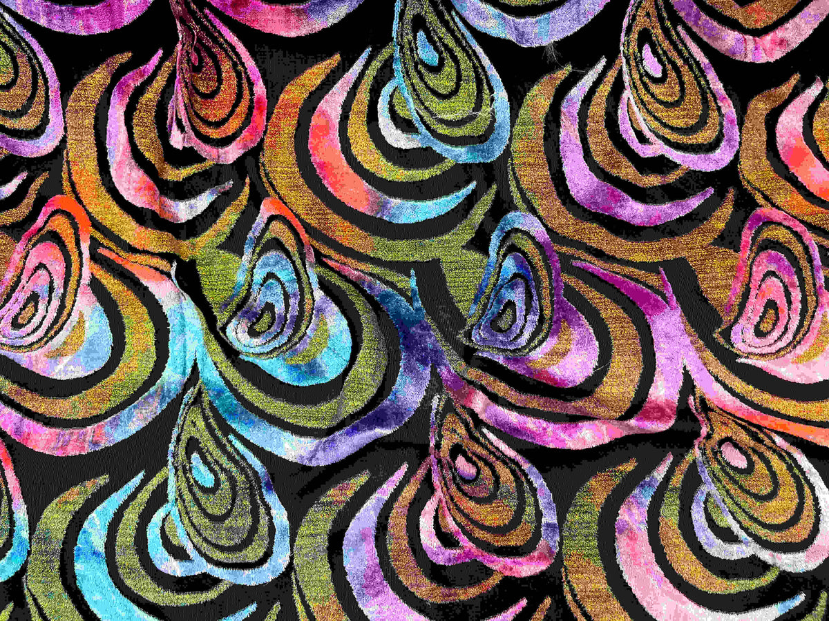 Burn Out Velvet Knit Fabric in coral purple with spiral retro pattern, soft velvet texture, designed for stylish clothing and craft projects.