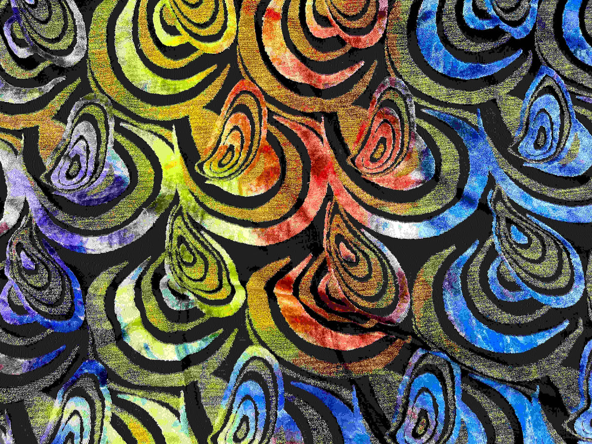 Multi-colored Burn Out Velvet Knit Fabric by Cheapfabrics featuring a spiral retro velvet texture and burnout velvet design.