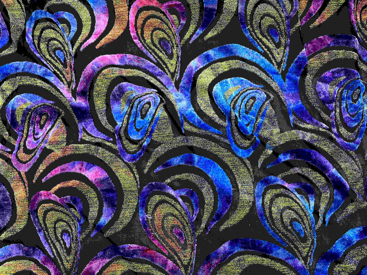 Royal purple Burn Out Velvet Knit Fabric by Cheapfabrics featuring a spiral retro pattern and soft, textured velvet material.