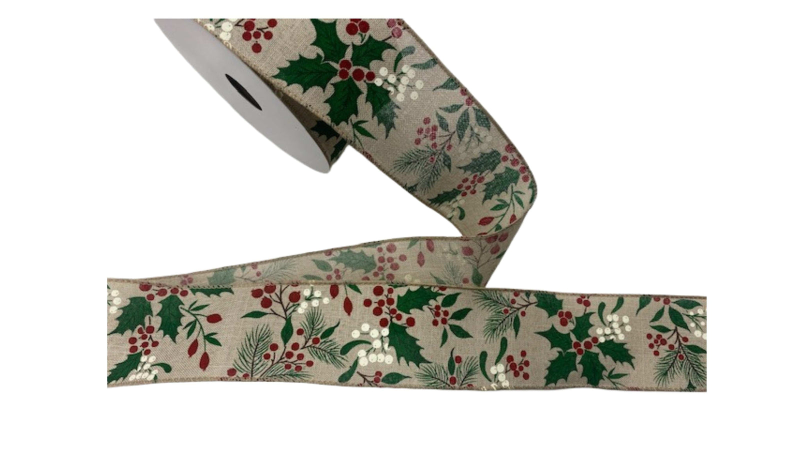 Christmas Wired Edge Ribbon - HOLLY & BERRIES - Cheap Fabrics