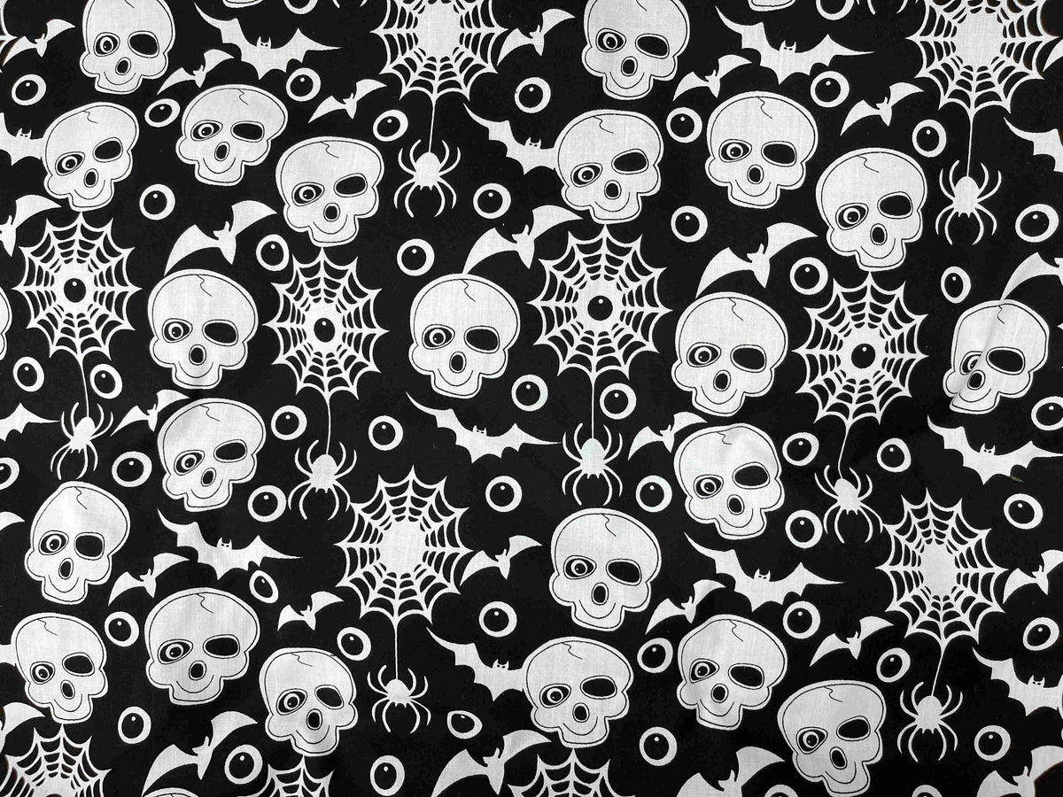 Creepy Crawlies Skulls And Cobwebs - Halloween Poly/Cotton Print - Cheap Fabrics