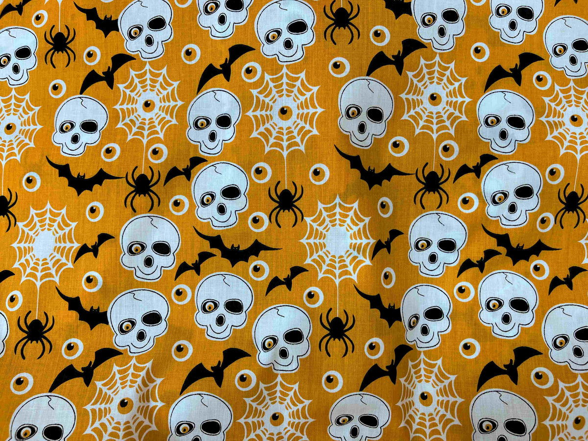 Creepy Crawlies Skulls And Cobwebs - Halloween Poly/Cotton Print - Cheap Fabrics