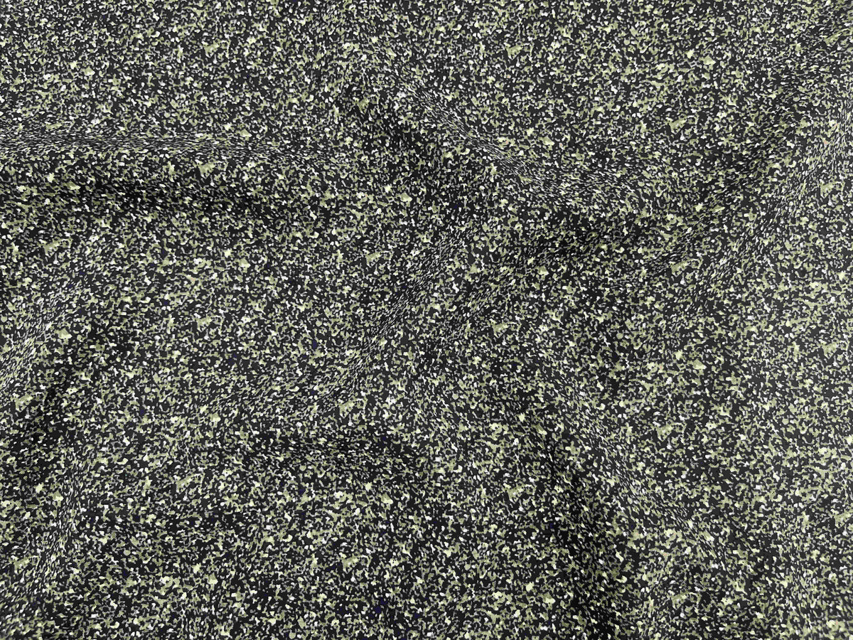 Deluxe printed viscose fabric in granite and olive colors, showcasing a soft, lightweight textile from Cheap Fabrics.