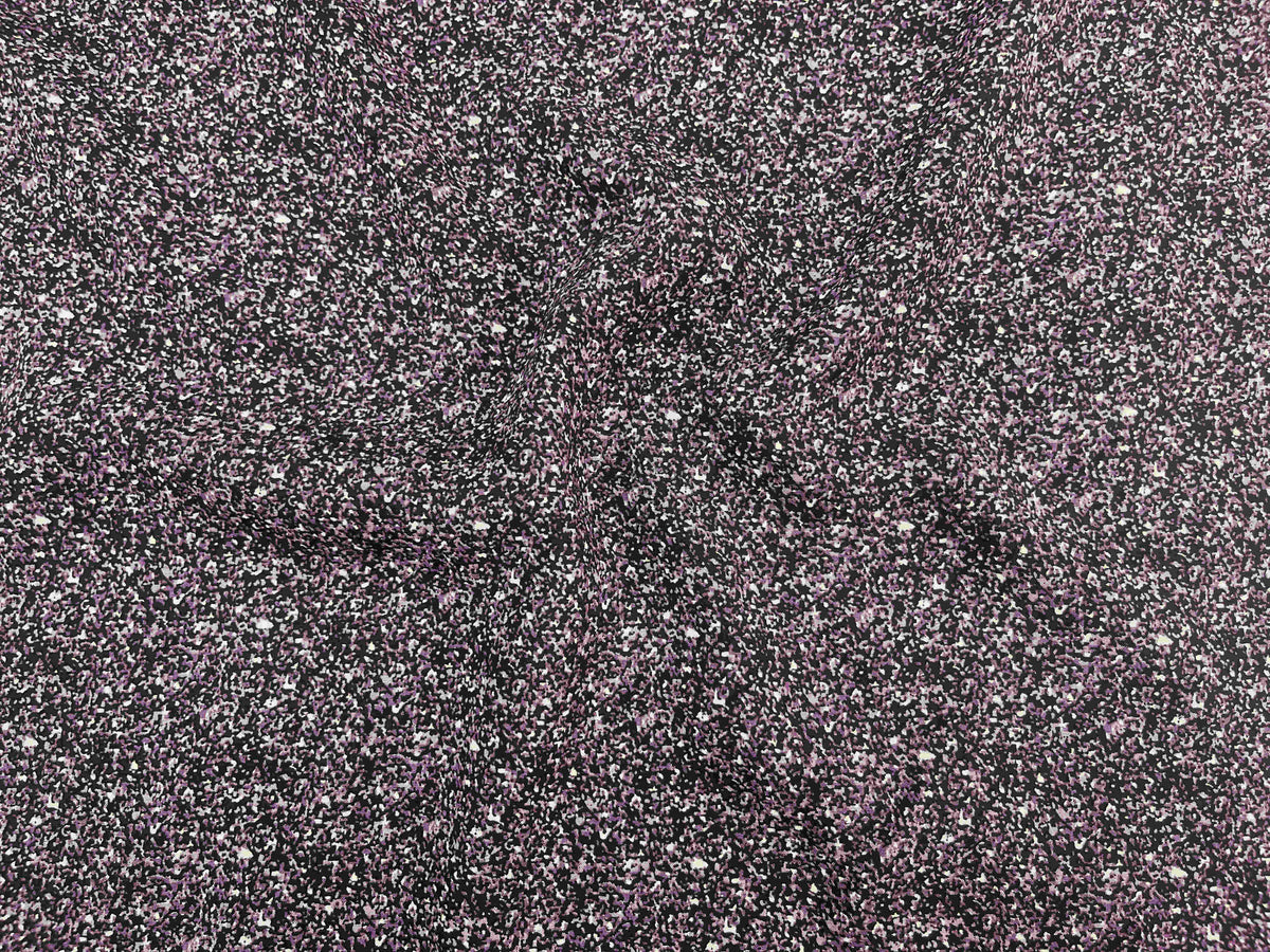 Deluxe printed viscose fabric in granite with violet patterns, showcasing soft, lightweight textile by Cheap Fabrics.