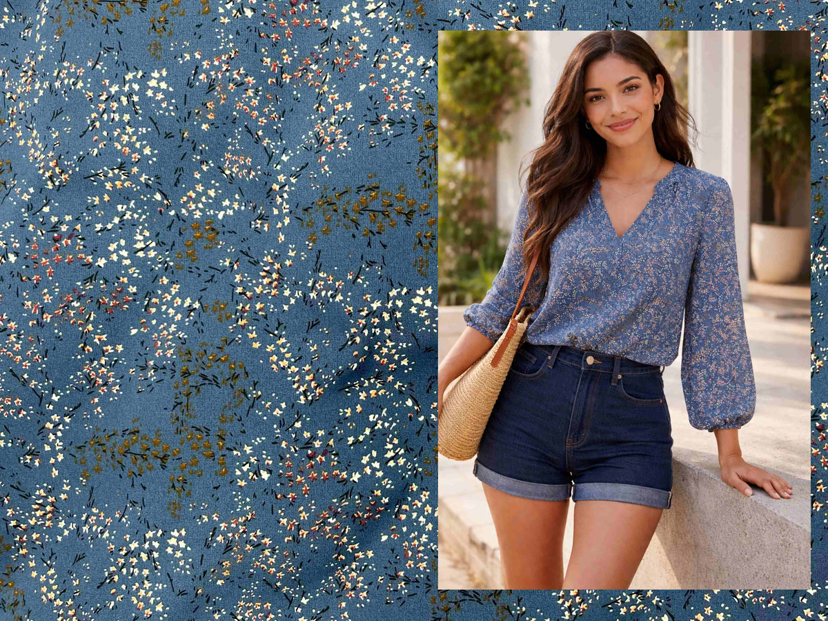 Blue denim crepe fabric with a ditsy printed pattern, featuring a blouse and denim shorts from Cheap Fabrics.