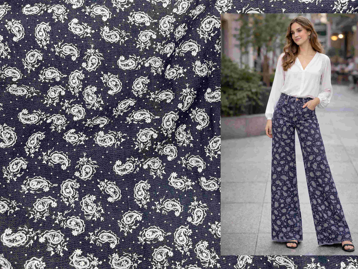 Paisley printed denim fabric from Cheapfabrics showing a detailed pattern in blue and white tones.