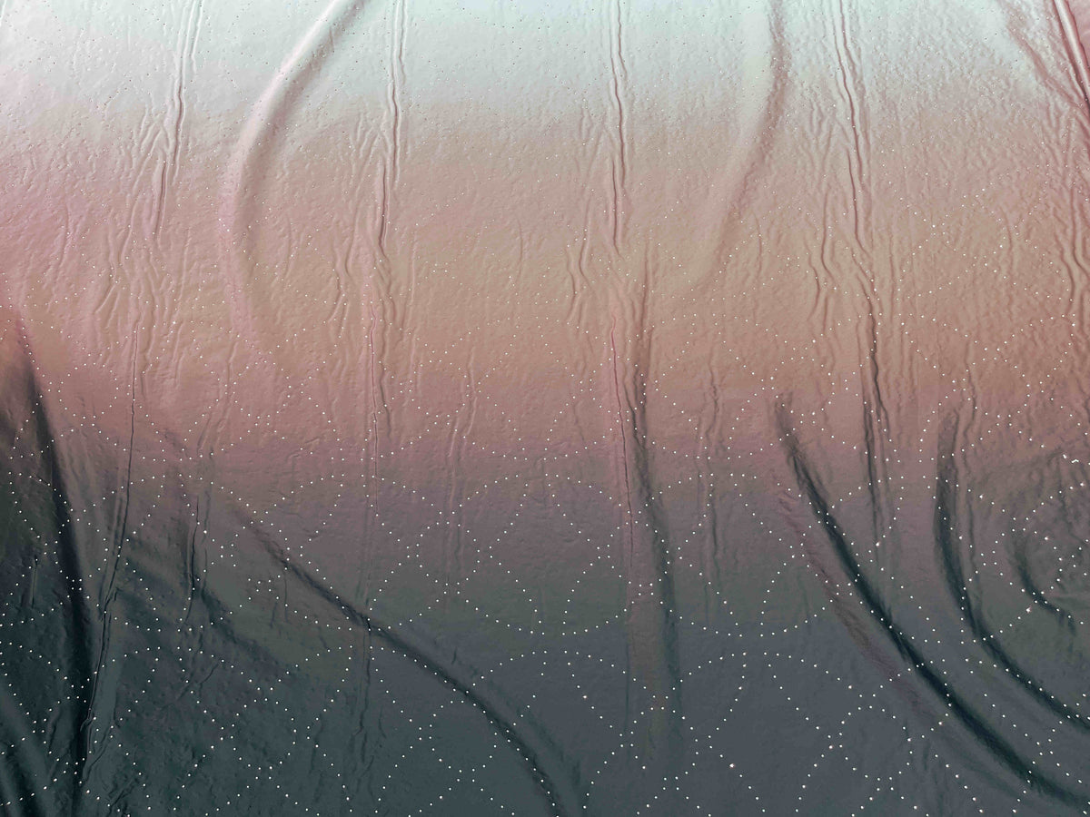 Black and brown Dew Drop Crystal Ombre Satin Fabric by Cheapfabrics with a smooth, shiny satin surface and elegant ombre design.