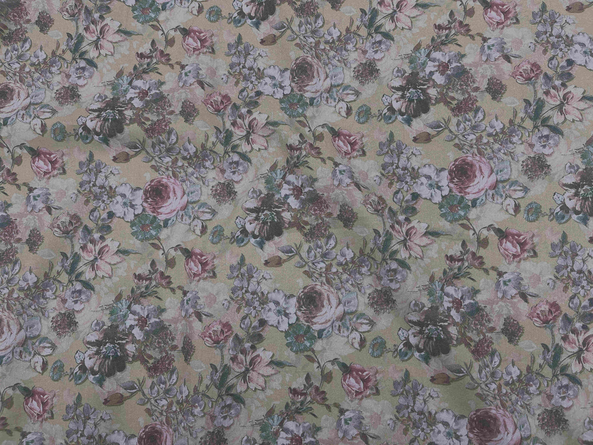 Digital printed cotton lawn fabric featuring vintage rose design in khaki, by Cheapfabrics. Perfect for clothing and home décor.