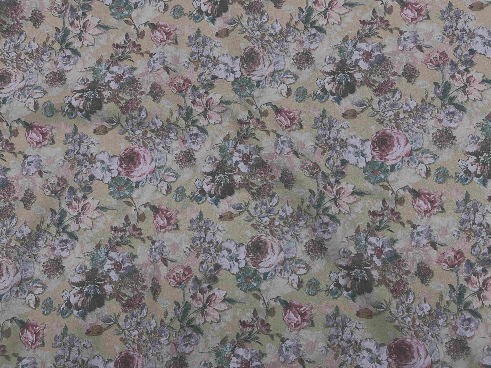 Digital printed cotton lawn fabric featuring vintage rose design in khaki, by Cheapfabrics. Perfect for clothing and home décor.