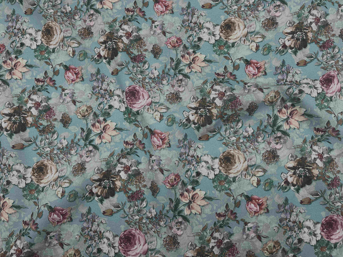 Digital printed cotton lawn fabric featuring vintage rose pattern in teal by Cheapfabrics, showcasing soft, lightweight textile for sewing and crafts.