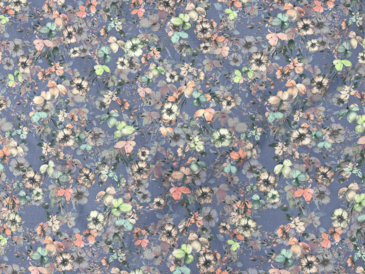 Blue floral meadow digital printed cotton fabric by Cheapfabrics, showcasing vibrant meadow and flower patterns.