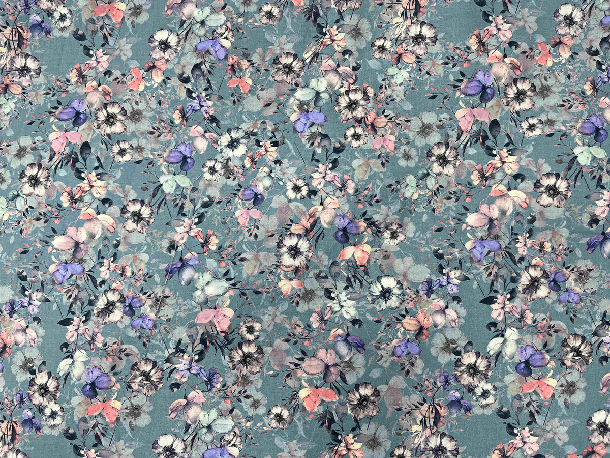 Digital printed cotton fabric featuring a teal floral meadow design, perfect for quilting and apparel by Cheapfabrics.