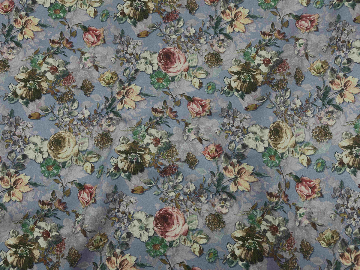 Digital printed cotton lawn fabric featuring vintage rose pattern in blue, from Cheapfabrics.
